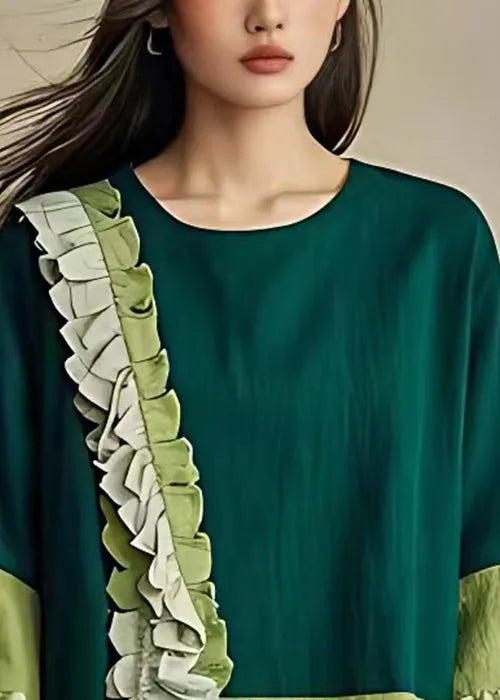 Unique Green Ruffled Front Open Cotton Top Flare Sleeve Spring