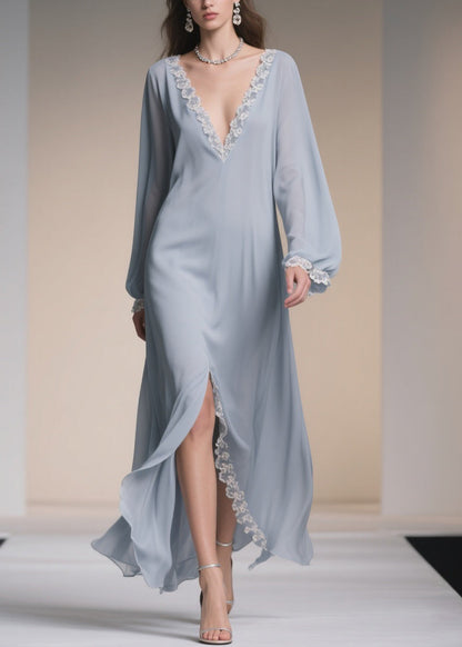 Light Blue V Neck Lace Side Open Chiffon Dresses Spring