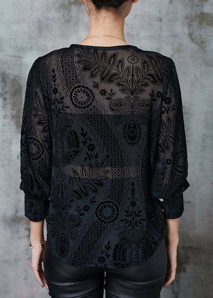 Black O-neck Jacquard Lace Tops Spring