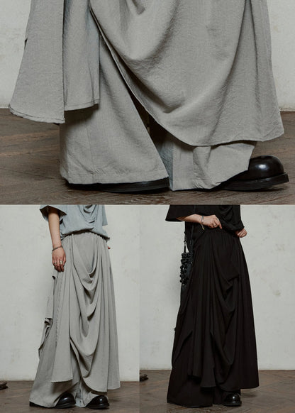 Stylish Grey Wrinkled Pockets Cotton Pants Skirt Summer