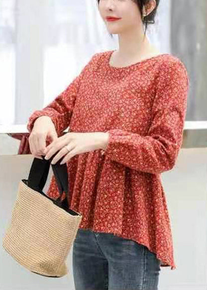 Retro Red Print Patchwork Cotton Top Long Sleeve