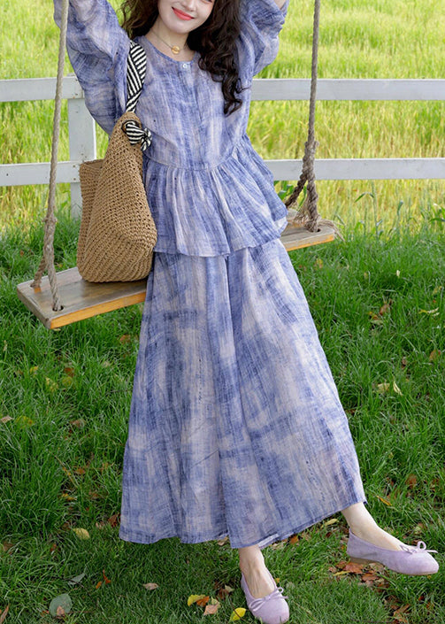 New Purple O-neck Wrinkled Cotton Two Pieces Set Spring