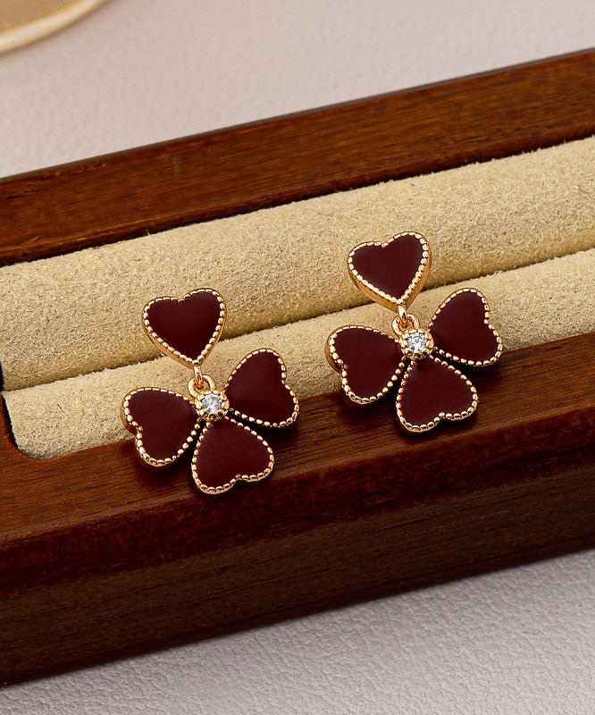 Modern Mulberry Copper Overgild Drip Glaze Four-leaf Gold Stud Earrings