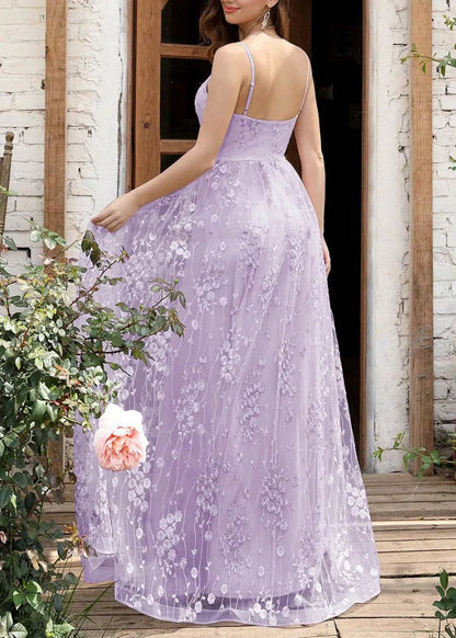 Purple Embroidered Backless Tulle Spaghetti Strap Dress Sleeveless