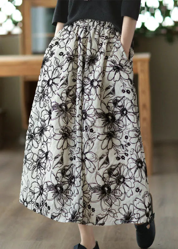 Beige Wrinkled Embroideried Linen Skirt Summer