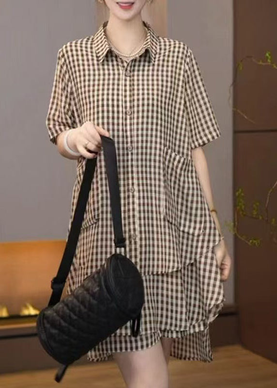 Brown Oversized Plaid Cotton Two Pieces Set Summer