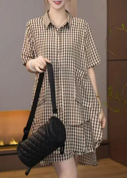 Brown Oversized Plaid Cotton Two Pieces Set Summer