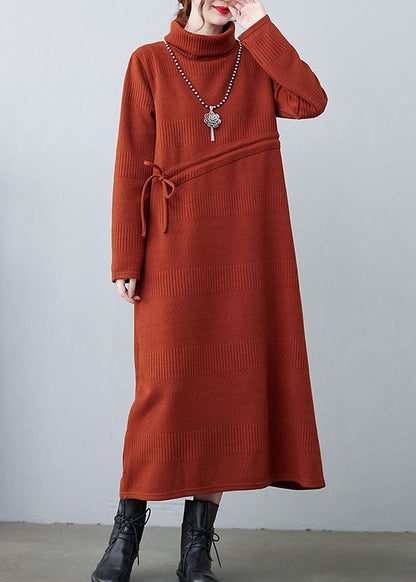 Caramel Drawstring Knit Loose Dresses Winter