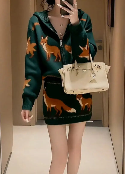Korean Two Piece Set Green Knitted Jacquard Top and Skirt Winter