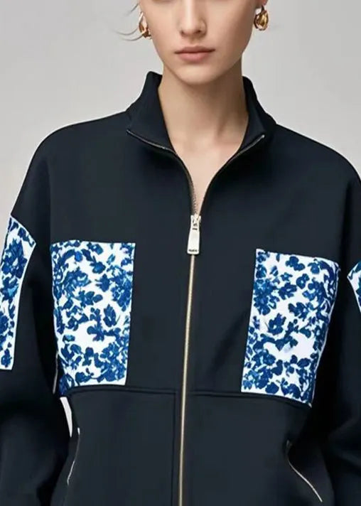Black Stand Collar Patchwork Print Cotton Coats Fall