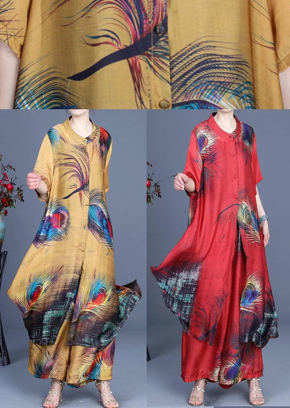 Yellow Print O-neck Silk Two Pieces Set Summer