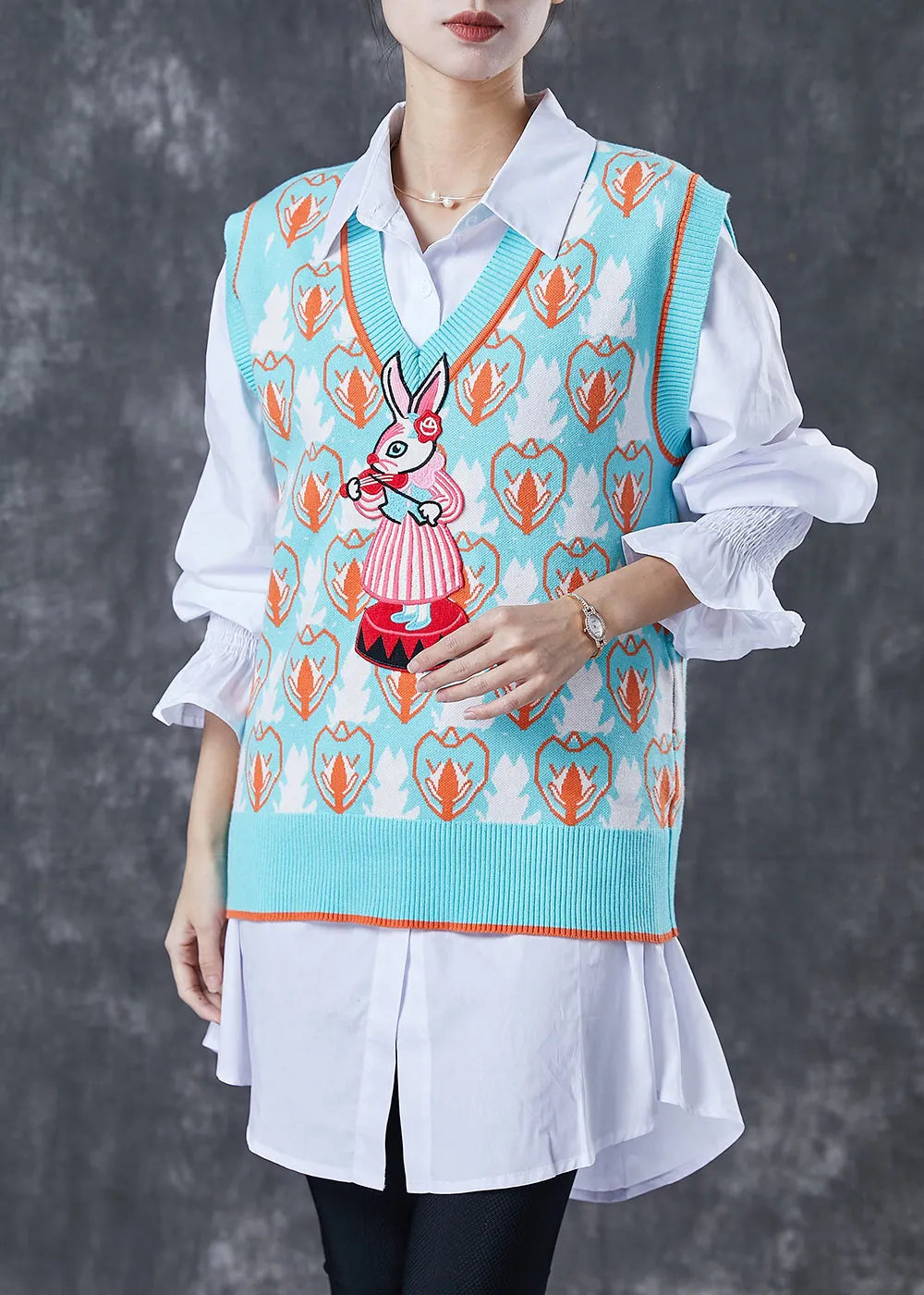 Organic Sky Blue V Neck Print Knit Vest and Shirt Two Pieces Set Spring