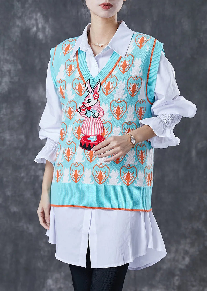 Organic Sky Blue V Neck Print Knit Vest and Shirt Two Pieces Set Spring