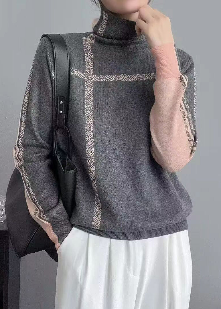 French Grey Turtleneck Patchwork Wear on Both Sides Knit Top Long Sleeve