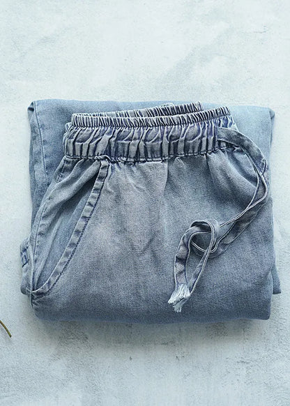 Light Blue High Waist Draping Cotton Denim Wide Leg Pants Summer
