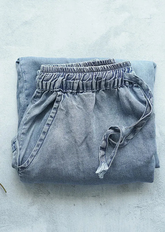 Light Blue High Waist Draping Cotton Denim Wide Leg Pants Summer