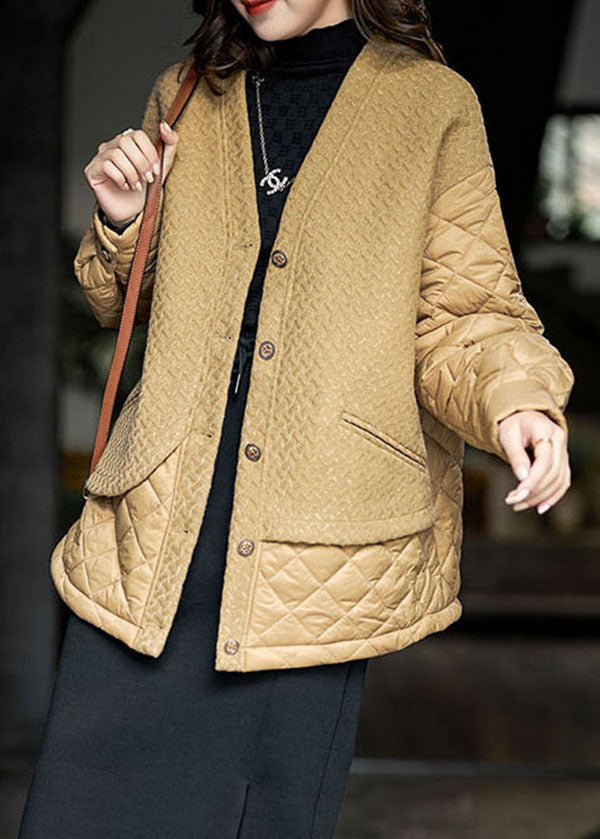 Simple Khaki V Neck Patchwork Fine Cotton Filled Witner Coats