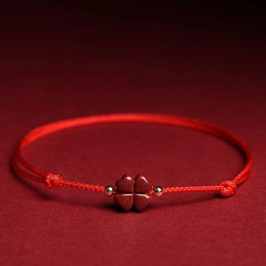 Buddha Stones Natural Cinnabar Four Leaf Clover Blessing Red String Bracelet Anklet