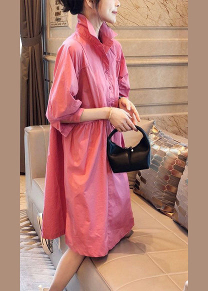 Pink Pockets Button Fall Half Sleeve Shirt Dress