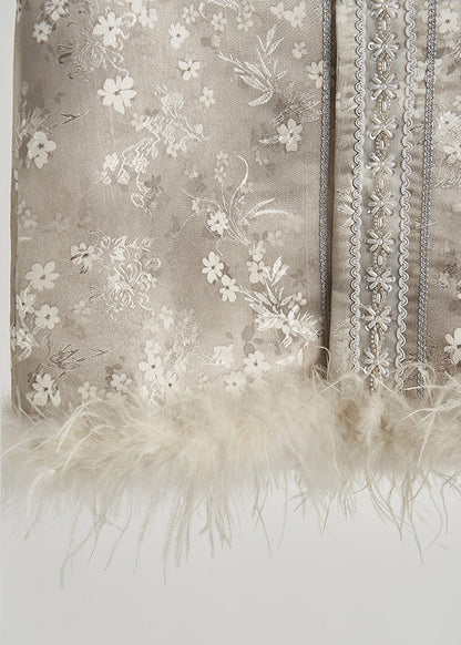 Art Light Grey Jacquard Patchwork Feather Silk Vests Fall