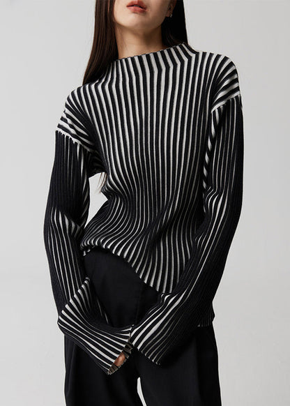 French Striped Stand Collar Patchwork Knit Top Long Sleeve Winter