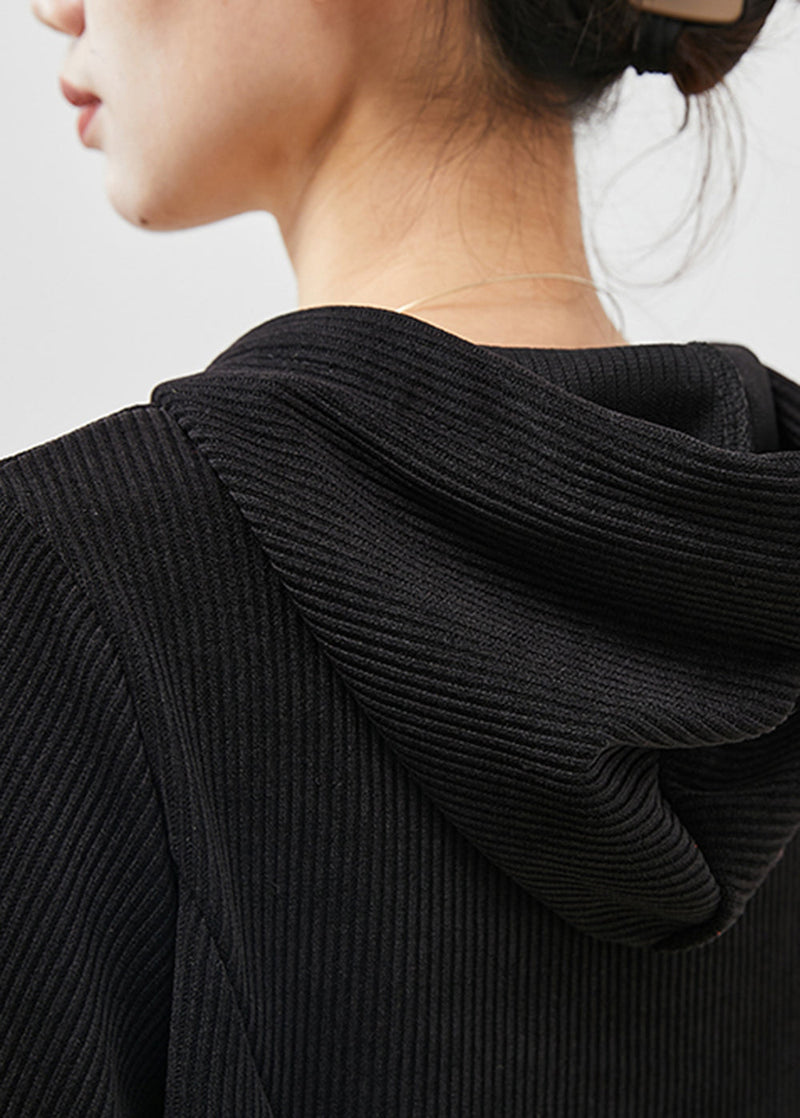 Black Embroideried Chinese Button Corduroy Dress Spring