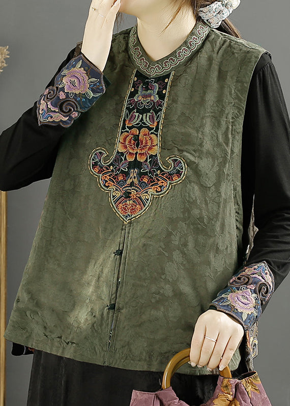 Green Collar Embroideried Wear on Both Sides Cotton Vest Fall