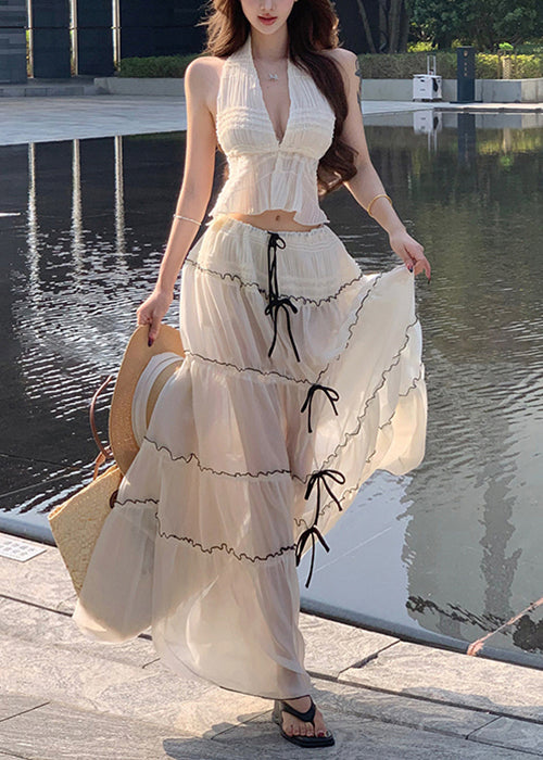 White V Neck Bow Wrinkled Chiffon Two Pieces Set Sleeveless