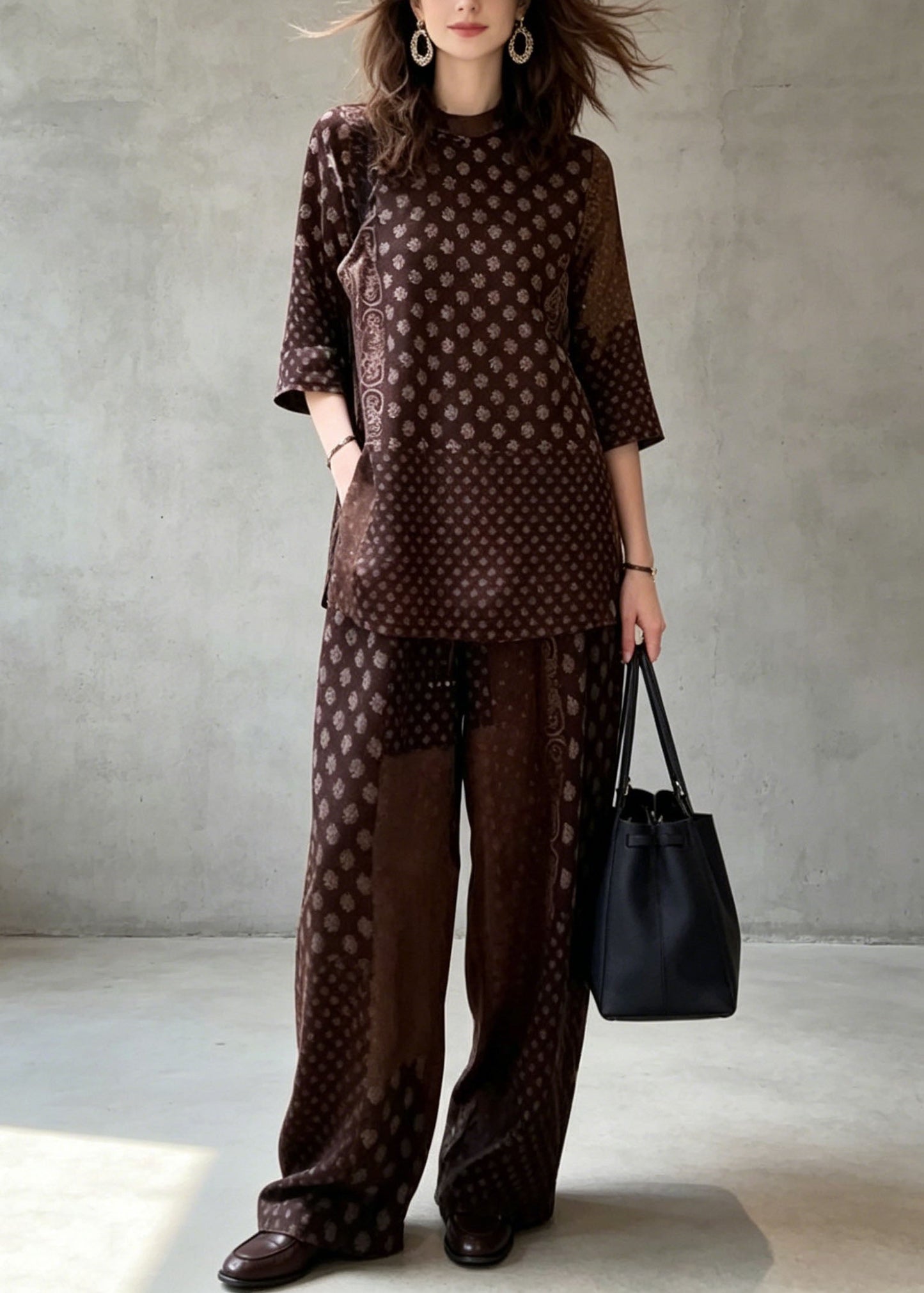Classy Coffee Print Top and Pants Silk Two Pieces Set Summer