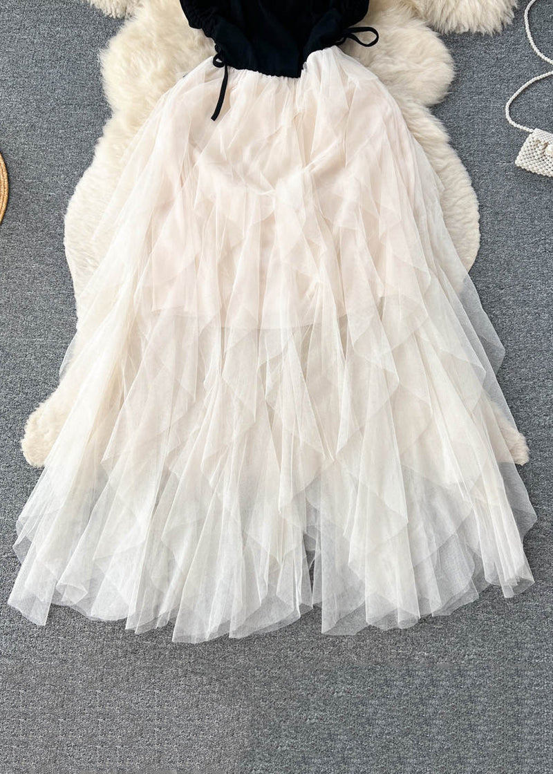 Apricot Cinched Patchwork Tulle Spaghetti Strap Dress Sleeveless