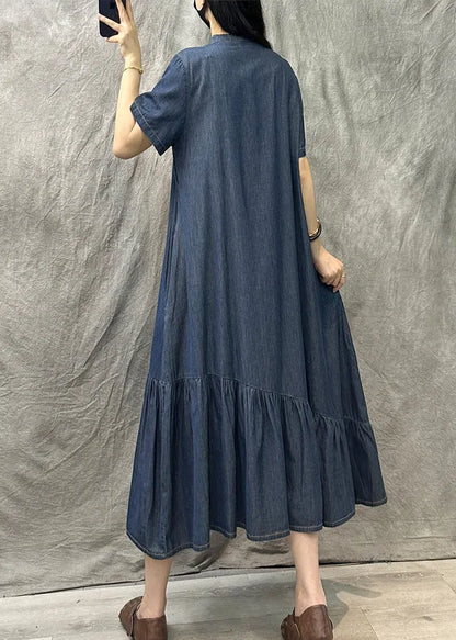 Light Blue Stand Collar Patchwork Denim Dress Summer