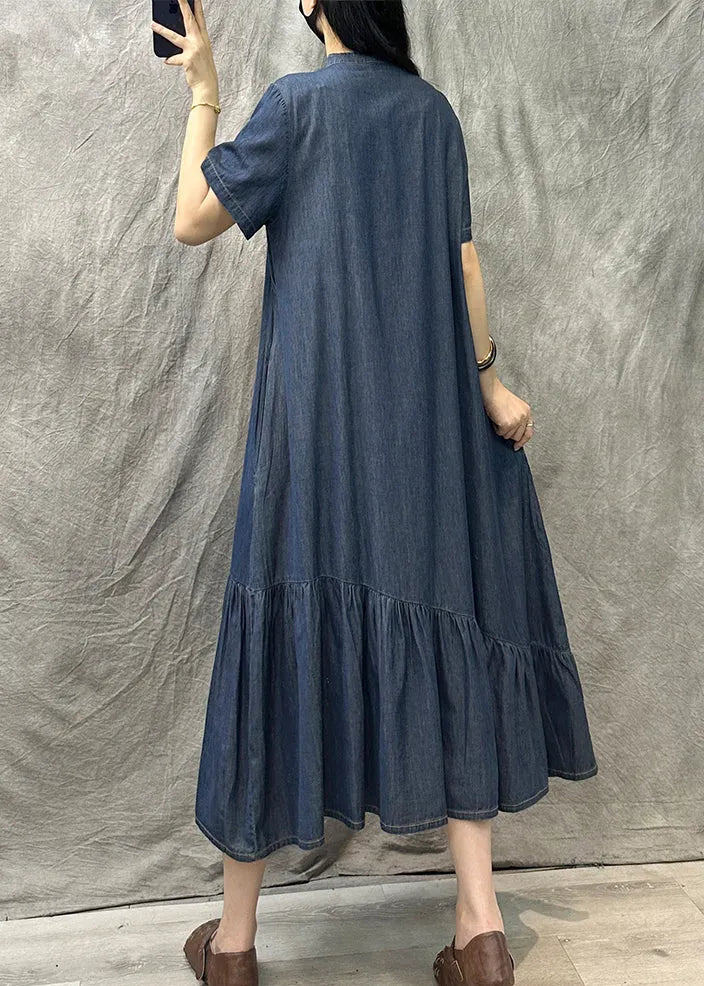 Light Blue Stand Collar Patchwork Denim Dress Summer