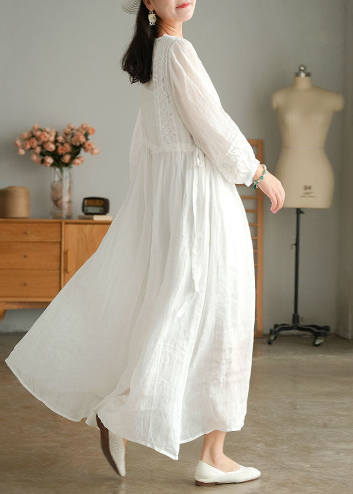 White Wrinkled Embroideried Patchwork Linen Holiday Dress Lantern Sleeve