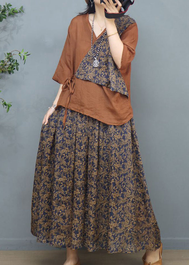 New Khaki Print Patchwork Tops and Skirts Cotton Two Pieces Set Summer