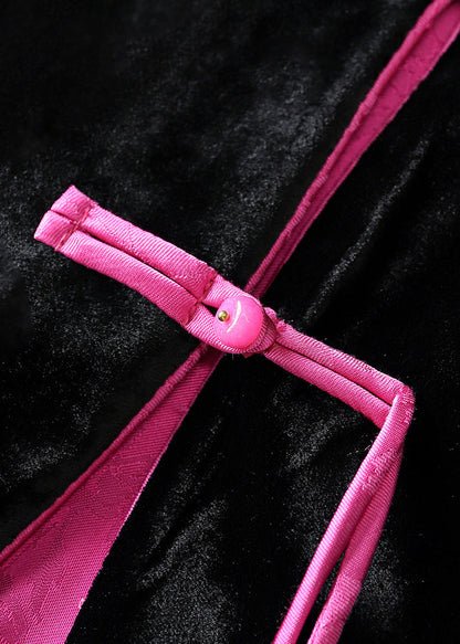 Black Chinese Button Embroideried Silk Velour Coats Long Sleeve