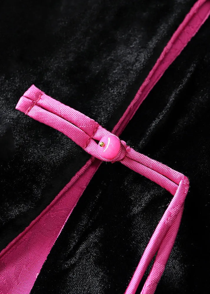 Black Chinese Button Embroideried Silk Velour Coats Long Sleeve