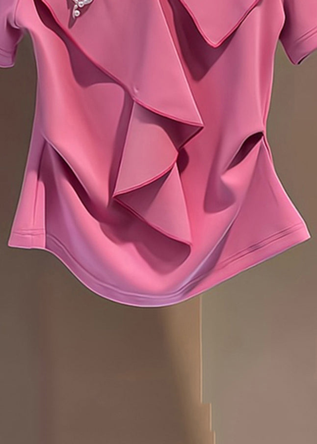 Pink V Neck Embroidered Butterfly Nail Bead Top Short Sleeve