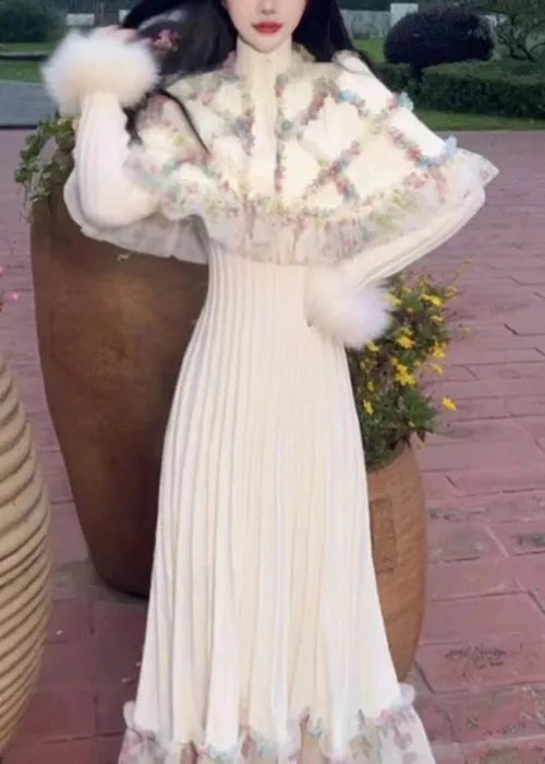 Classy White Ruffled Patchwork Cape and Dress Knit Two Pieces Set Spring