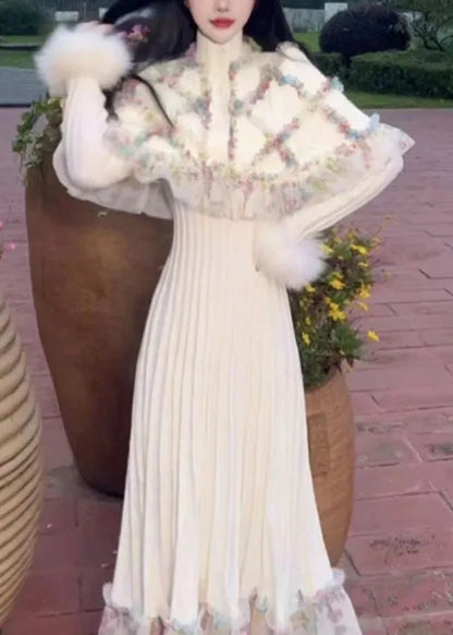 Classy White Ruffled Patchwork Cape and Dress Knit Two Pieces Set Spring