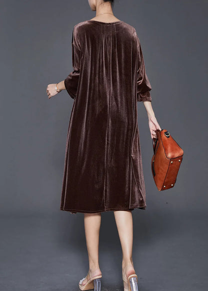 Chocolate Silk Velour Mid Dresses Oversized Pockets Fall