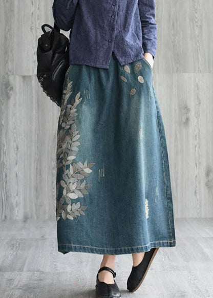 Natural Dark Blue Pockets Embroideried Cotton Denim Skirts Spring