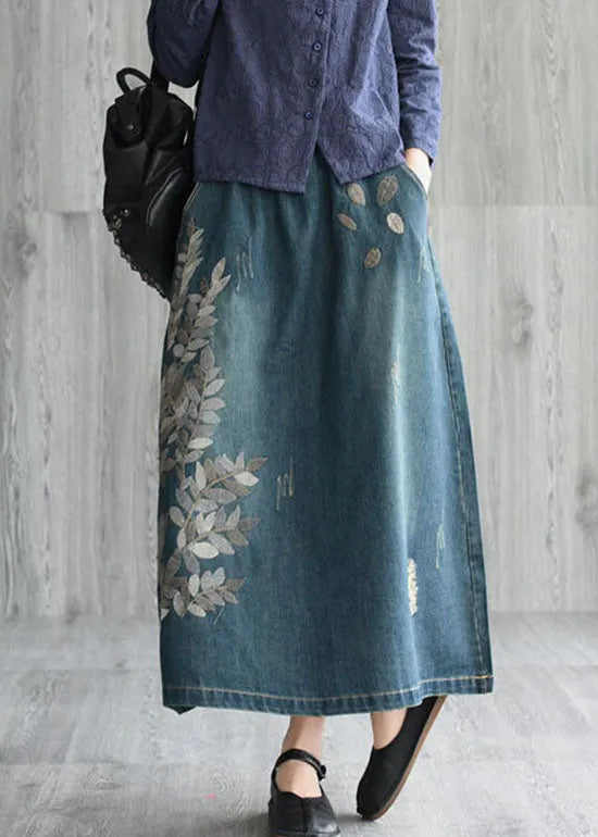 Natural Dark Blue Pockets Embroideried Cotton Denim Skirts Spring