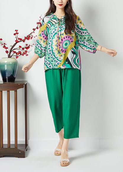 Diy Green Ruffled Collar Print Cotton Two Pieces Set Bracelet Sleeve