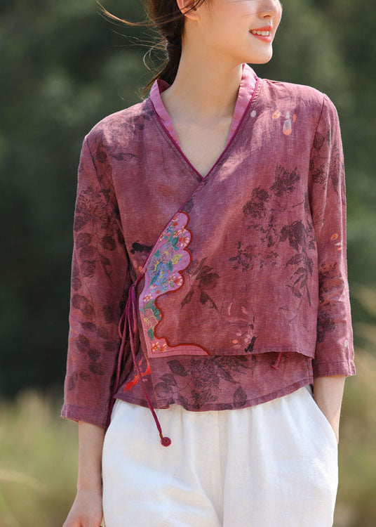 Purple Red Embroideried Tie Waist V Neck Patchwork Linen Tops Spring