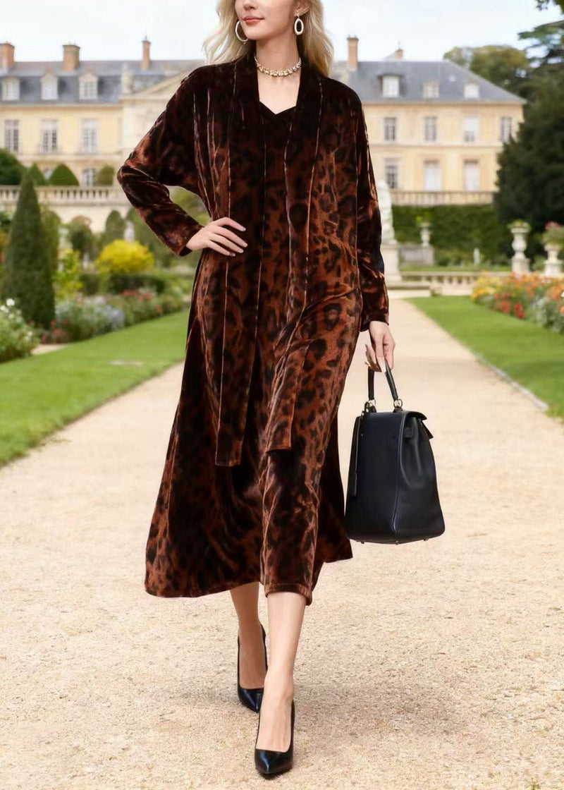 Coffee V Neck Leopard Print Velvet Dresses Spring