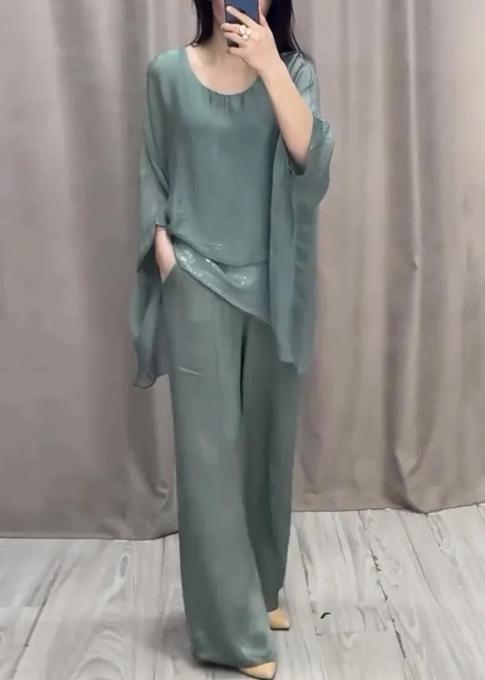 Loose Purple O Neck Tops and Pants Cotton Two Pieces Set Batwing Sleeve