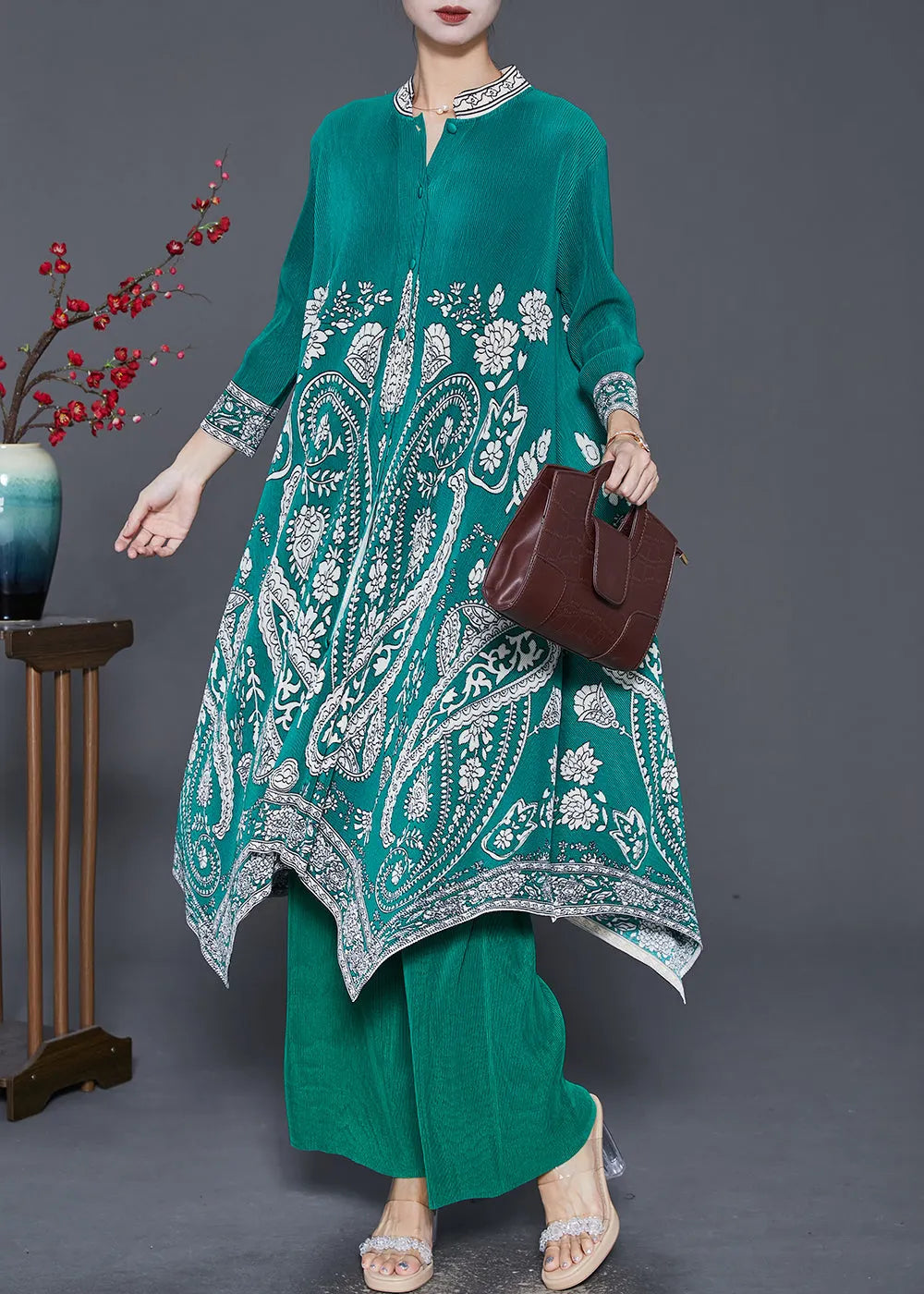 Diy Green Asymmetrical Print Silk Dress and Pant Two Pieces Set Fall