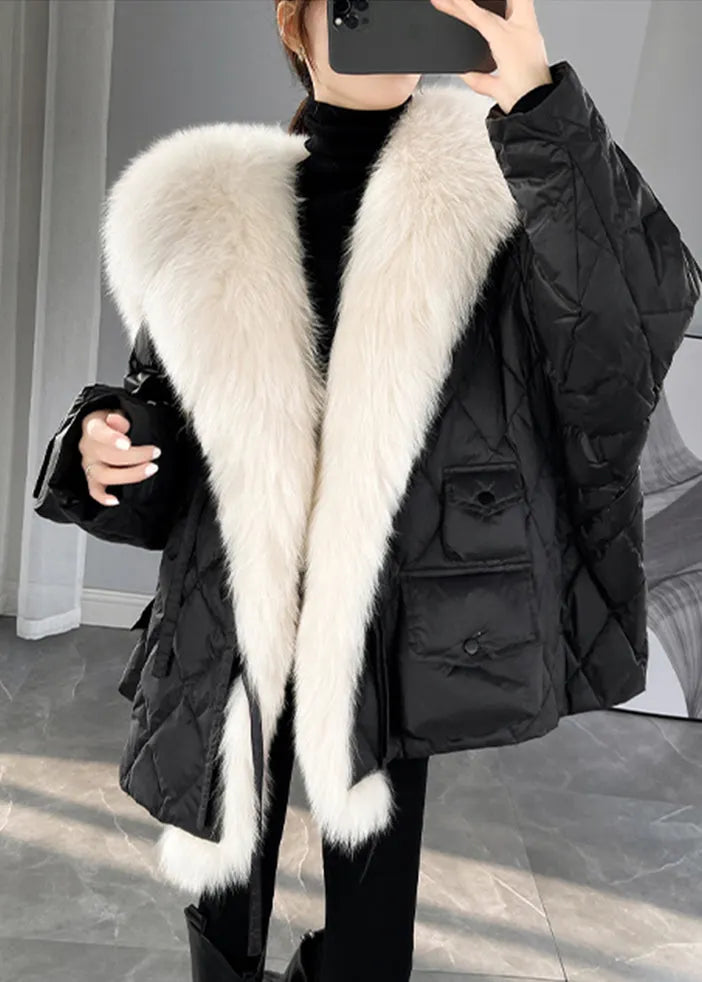 Novelty Green Fox Collar Patchwork Duck Down Puffer Jacket Winter