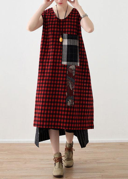 Art Red Plaid Cotton Linen Asymmetrical Design Patchwork Party Dresses