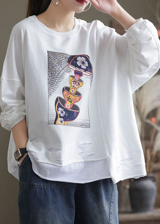 White O-neck Hole Print Cotton Pullover Sweatshirt Long Sleeve